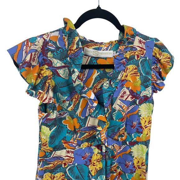Tracy Negoshian Ruffle Sleeve Hawaiian Themed Shift Dress Womens Small - Picture 2 of 7
